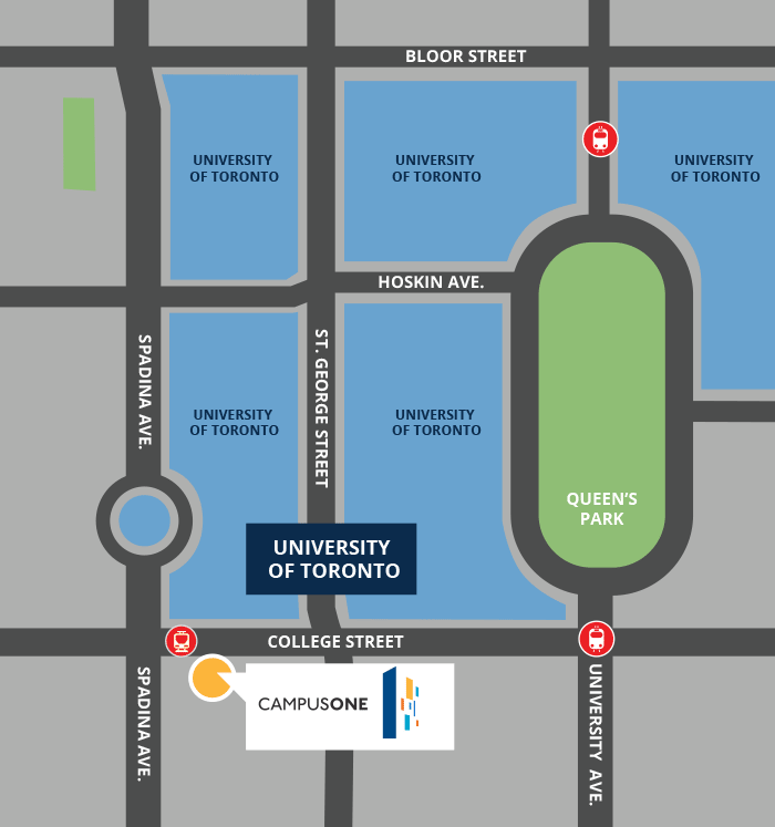 CampusOne location map. Student living across the street from University of Toronto.